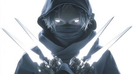 Masked figure in hooded cloak, holding glowing blades