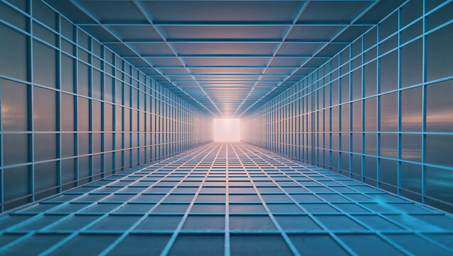 Abstract futuristic perspective of a grid structure leading towards an illuminated opening - Powered by Adobe