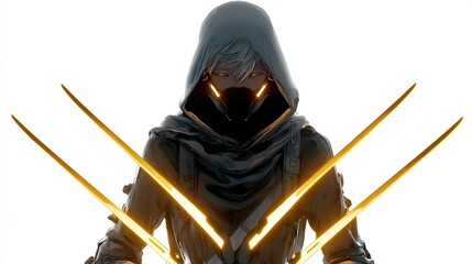 Hooded figure with glowing mask & blades