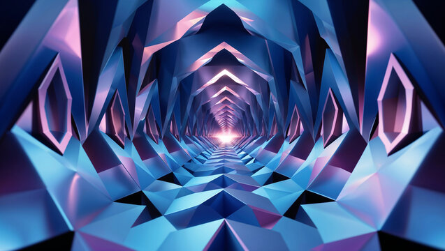 Abstract futuristic tunnel illustration with geometric shapes and soft colored lighting - Powered by Adobe