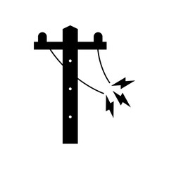 Black broken electric wire of high power voltage pole is damaged and short circuit spark cause danger electrocution risk icon flat vector design