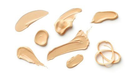 Beige Liquid Cosmetic Cream Swatches on a Clean White Surface Showing a Variety of Shapes and Textures