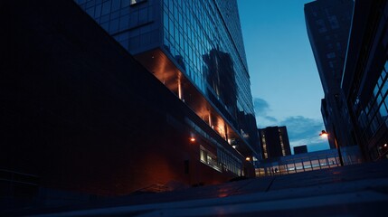 Urban view of towering glass buildings at dusk, low angle, with interior lights