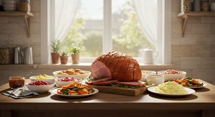 Golden-glazed ham takes center stage on a sunlit kitchen table, surrounded by an array of delicious side dishes, creating a heartwarming scene of festive family gathering.