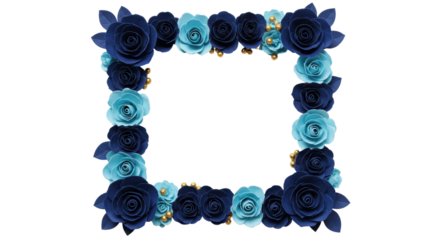 Isolated Square Floral Frame Border with Navy Blue and Teal Paper Craft Flowers