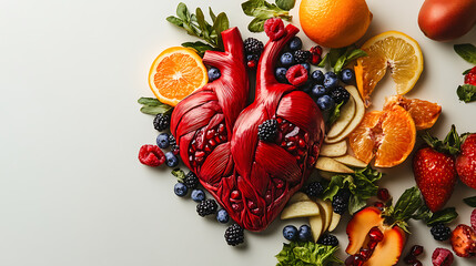 Heart Model Surrounded by Fresh Fruits and Vegetables