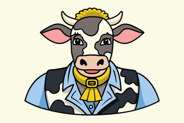 Cartoon cow in a business suit with a sunflower clip is smiling