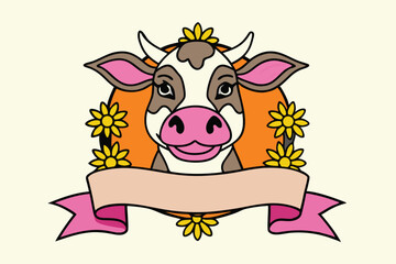 Cartoon cow framed by sunflowers and a banner provides a whimsical element