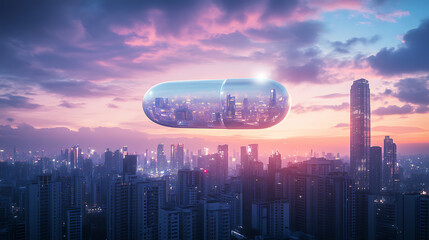 Giant Capsule Hovering Over a Futuristic Cityscape at Sunset