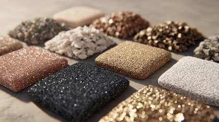 Variety of textured, square samples of different colored gravel and glittering materials