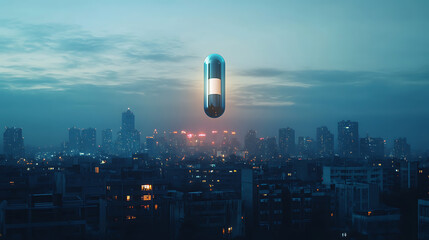 Glowing Capsule Hovering Over an Illuminated Cityscape at Dusk