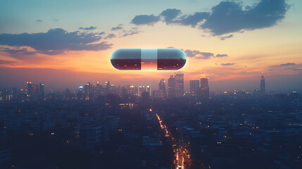 Futuristic Capsule Hovering Over a Cityscape at Sunset