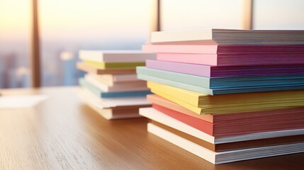 Stacks of colorful books on a light wooden table, with a city skyline view in the background