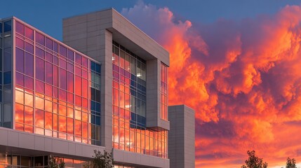 Modern office building at sunset, reflecting fiery clouds in glass facade