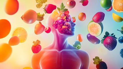 Vibrant Fruits Surrounding a Human Head, Symbolizing Nutrition and Vitality