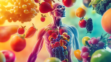 Human Anatomy Surrounded by Vibrant Fruits and Vegetables Highlighting Nutritional Health