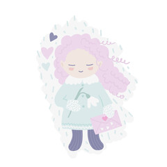 Smiling, happy child holding a snowdrop, cute love young girl in pastel colors