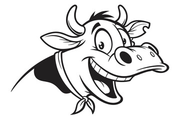 Animated dairy cow cartoon face with neckerchief smiles broadly revealing white teeth in outline