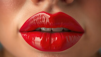 Obraz premium Close-up captures plump, full lips adorned with vibrant, glossy red color, showcasing radiant cosmetic artistry and allure