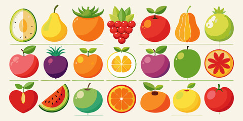 "Fruits Icon Set – Assorted Citrus and Tropical Fruits in Flat Vector Style"

