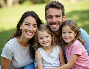 A joyful family gathers in a sunny park, with the parents happily embracing their two daughters. They share laughter, smiles, and a moment of togetherness in natures beauty Generative AI