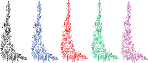 Colorful Grunge Floral Corner Ornament Set – Decorative Vintage Flower Border Vector