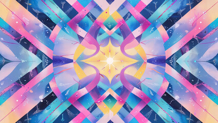 Abstract geometric artwork depicting a central sunburst and ethereal pastel colored shapes in harmony