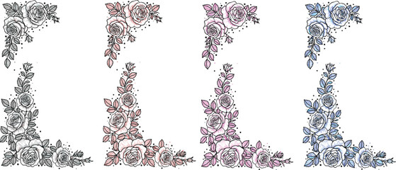 Colorful Grunge Floral Corner Ornament Set – Decorative Vintage Flower Border Vector