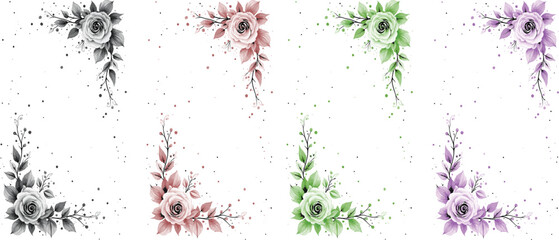 Colorful Grunge Floral Corner Ornament Set – Decorative Vintage Flower Border Vector