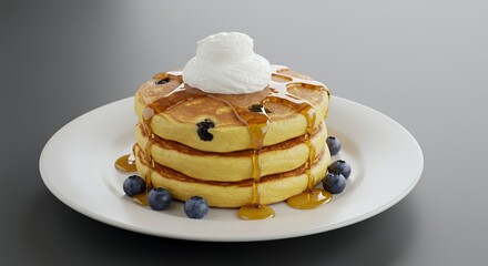 Indulge in the fluffy perfection of a three-stack blueberry pancake breakfast, drizzled with golden syrup and topped with a dollop of creamy whipped cream.