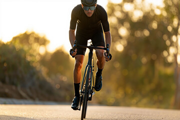 A cyclist speeds along a smooth road, enjoying a golden hour ride. Summer activity concept. Generative AI.