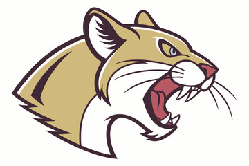 An aggressive cougar head with blue eyes bares its teeth in a fierce expression