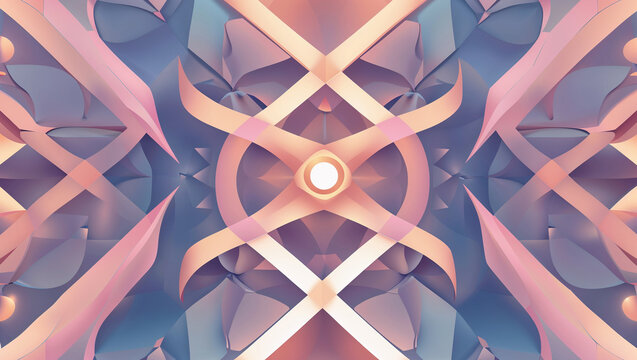 Abstract geometric composition featuring soft gradients and symmetrical ribbon elements with a central focal point.