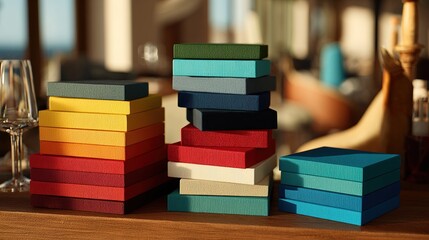 Colorful stacked boxes arranged on a wooden surface in a modern interior