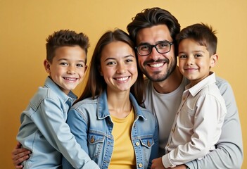 A cheerful family of four stands together, sharing smiles and hugs. The mom, dad, son, and daughter express happiness in a cozy home setting, showcasing their close bond and joy Generative AI