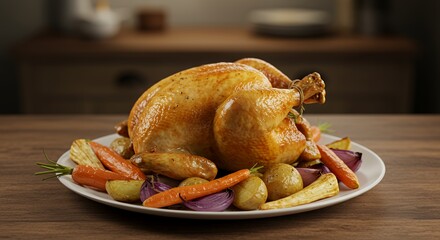 Golden-brown roasted chicken, glistening with savory juices, sits majestically on a platter surrounded by roasted root vegetables, a heartwarming centerpiece for a festive meal.