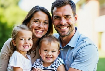 Mom and dad embrace their two cheerful children in a vibrant outdoor setting filled with joy and sunshine as they share a beautiful moment together Generative AI