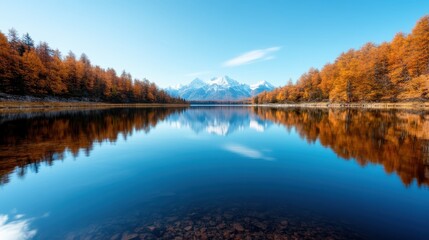 Fototapeta premium A stunning view of a serene mountain lake reflecting autumn's vibrant colors and majestic peaks, inviting viewers to experience nature's peaceful beauty.