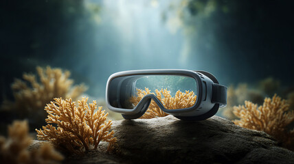 Virtual reality headset underwater coral reef sunlight streaming, immersive technology