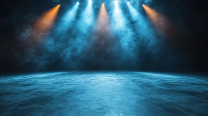 Fototapeta premium A mysterious stage surrounded by blue and orange lights creates a dramatic effect, inviting imagination and anticipation for a performance or event happening in the space.