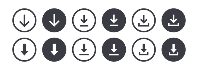 Download button line and flat circular icon collection, web icons. Vector illustration