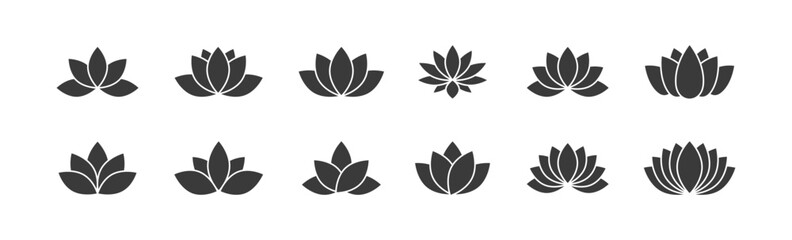 Lotus flower silhouette icon set, decorative floral designs in different glyph style. Vector illustration