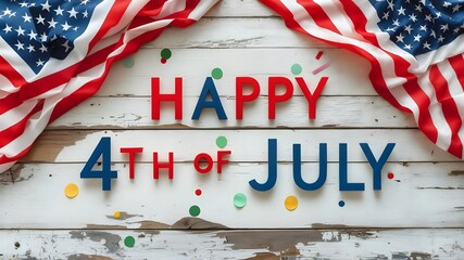 Happy 4th of July! Patriotic Celebration, flag on wooden table, Happy independence day.