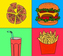 seamless pattern with fast food set, fast food vector wallpaper, fast food wallpaper with colourful isolated background	