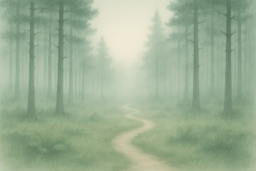 Misty forest with winding trail surrounded by tall pine trees representing solitude mystery and peaceful nature in a foggy woodland setting