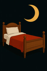 Minimalist illustration of wooden bed with red blanket under crescent moon on dark background representing sleep rest and nighttime comfort