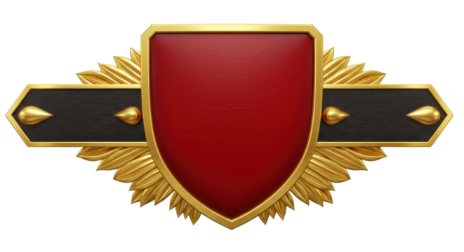 Red shield emblem with golden sunburst and black ribbon isolated PNG with Transparent Background