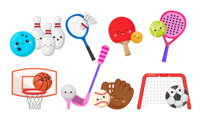 Cute Sports Ball and Equipment Set with Kawaii Faces