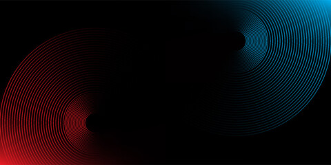 Abstract futuristic technology lines background with red and blue light effect. Gradient circle line pattern design. Glowing lines vector. Modern dark banner template graphic elements.