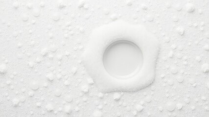 Clean minimalistic backdrop showing a white dish surrounded by crystals and droplets of water